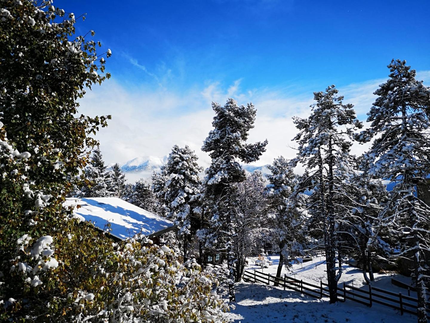 Vue de la terrasse du 1er sur la chaîne du Cambre d'Aze.
Grande table pique-nique avec transats sur cette terrasse.