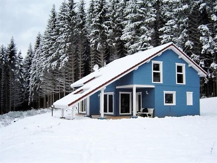 le chalet bleu en bois moderne au milieu de la forêt sur 6 hectares