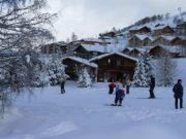 PREMIER CHALET EN VUE SUR LA PHOTO , SANS VIS A VIS PROCHE ; SON JARDIN DONNE SUR UNE PISTE VERTE CALME QUI CONDUIT AUX TELESIEGES EN DEUX MINUTES DE SKI :  DEPART ET RETOUR AU CHALET SKIS AUX PIEDS