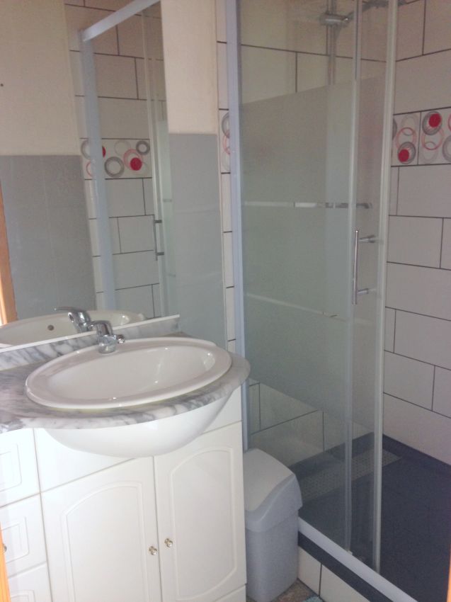 EN BAS :
Salle de bain avec grande douche,
Sèche serviettes électrique
WC séparé.

