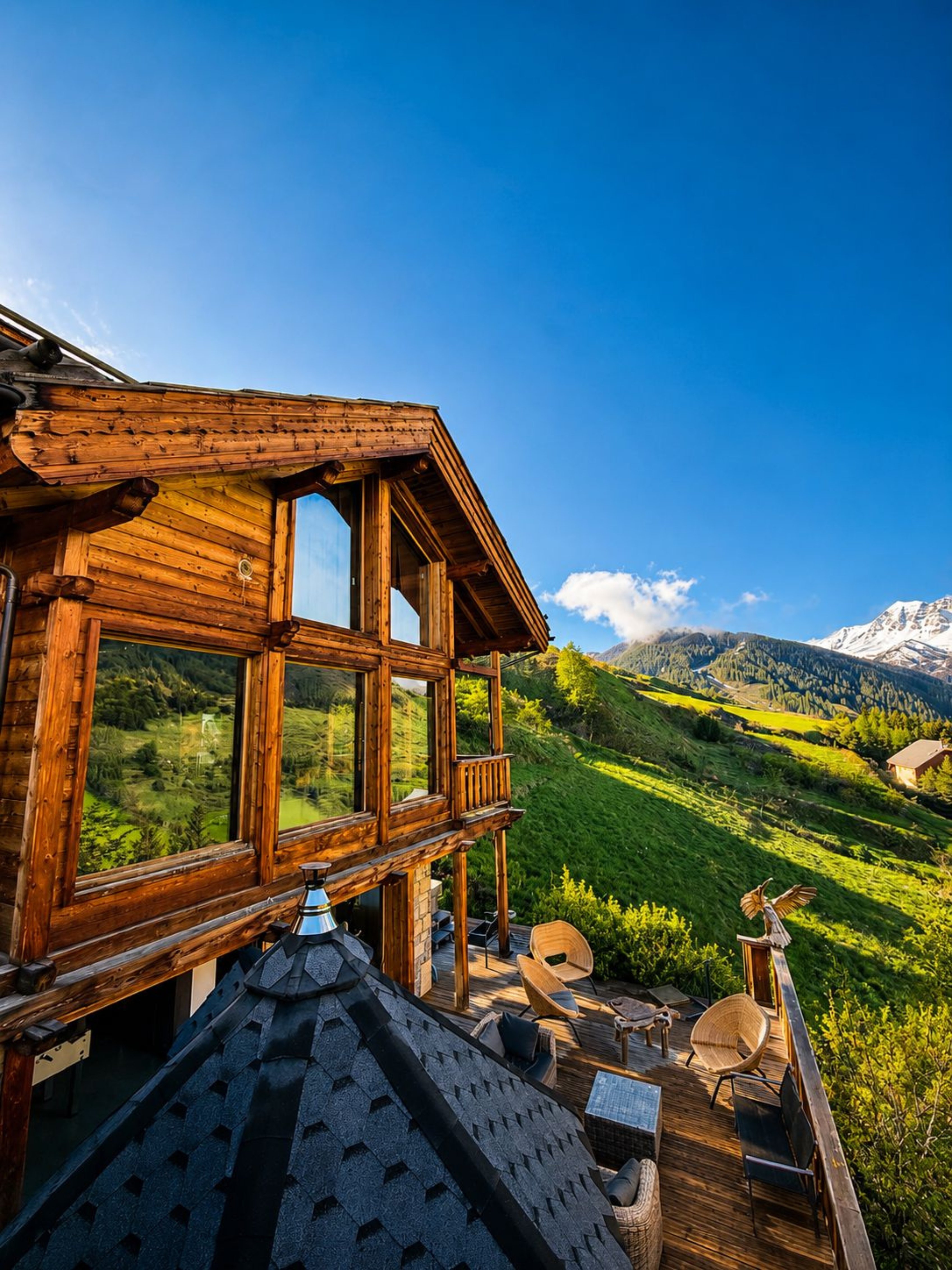 Façade en bois du Chalet D à Vars en été, avec sa terrasse aménagée, le toit de son sauna extérieur et une vue panoramique sur les montagnes des Hautes-Alpes.